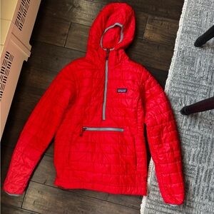 Patagonia Red Hooded Puffer with Teal Trim